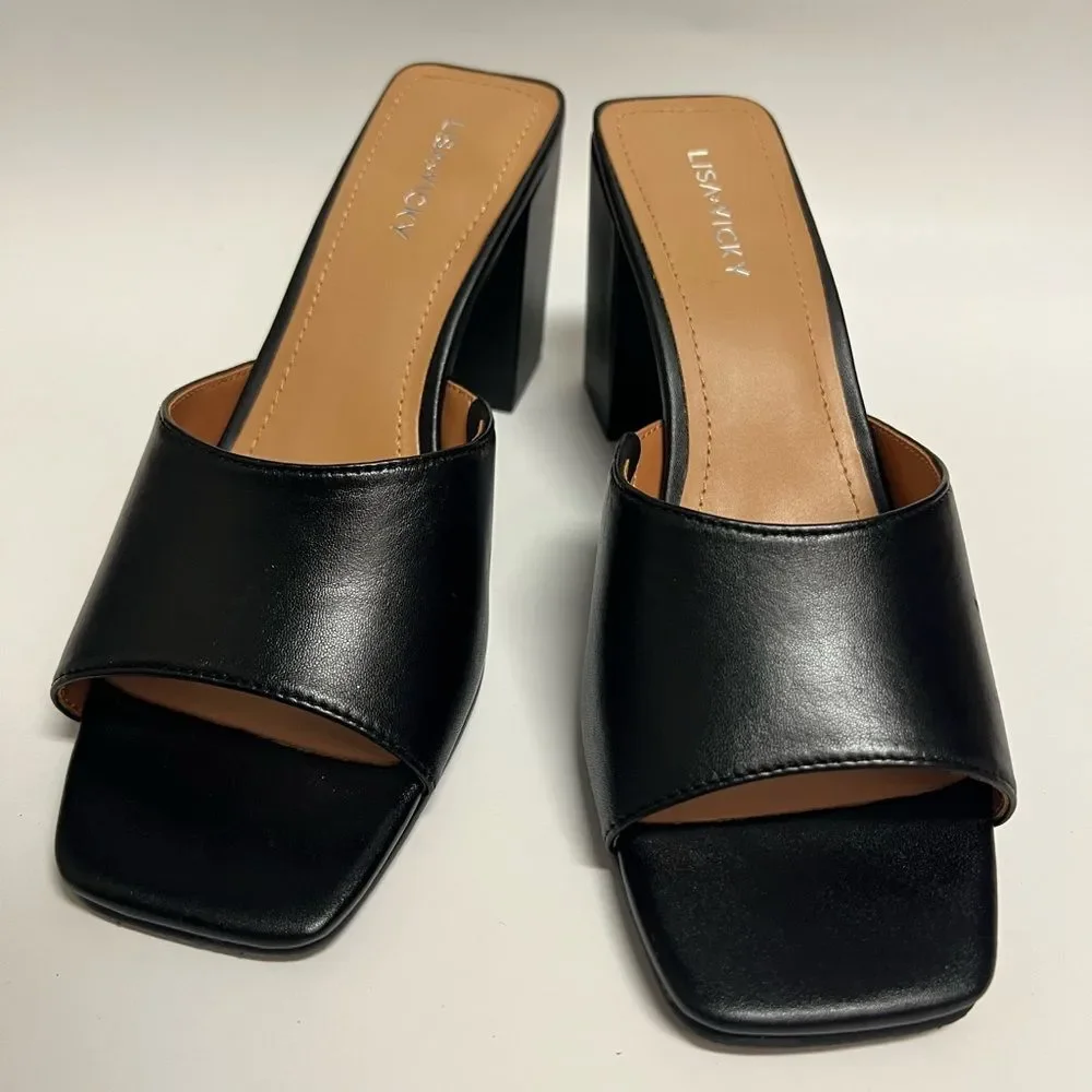 New in Box Lisa Vicky Vital Black Leather Open-Toe Mules - Size 8.5M - Picture 2 of 9